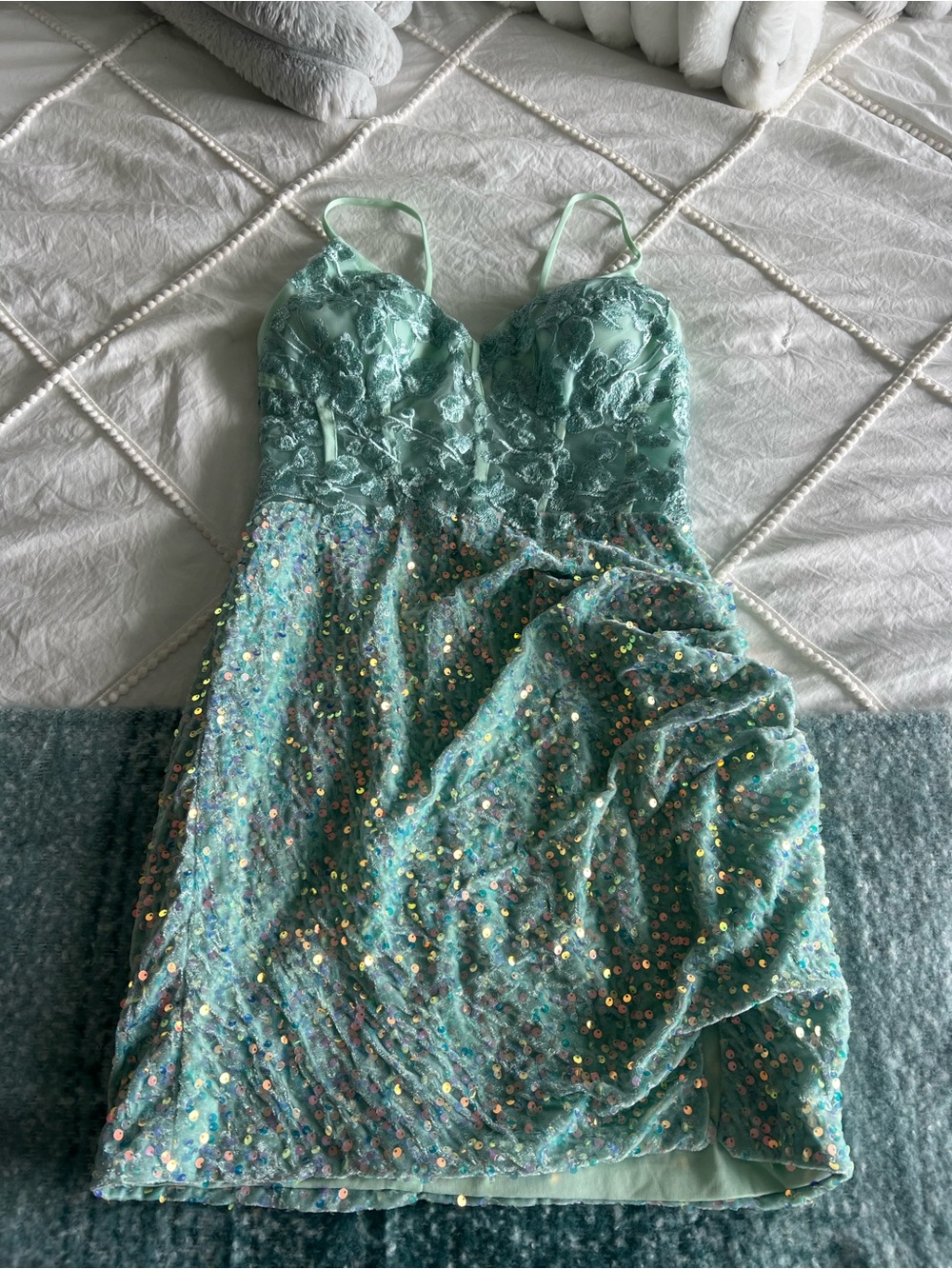 Mint Sequin Lace Spaghetti-Strap Dress